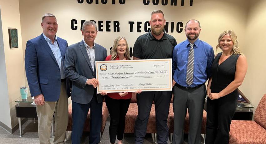 Pictured Left to Right: Kent Eldridge, CEO, Buckeye Rural Electric; Doug Miller, VP Ohio's Electric Cooperatives; Brandie Hale, Blake's mother; Brandon Hale, Blake's stepfather; Derek Brown, Post Secondary Director, Scioto County Career Tech Center; Krista Smith, Communications and Marketing Coordinator, Buckeye Rural Electric. 